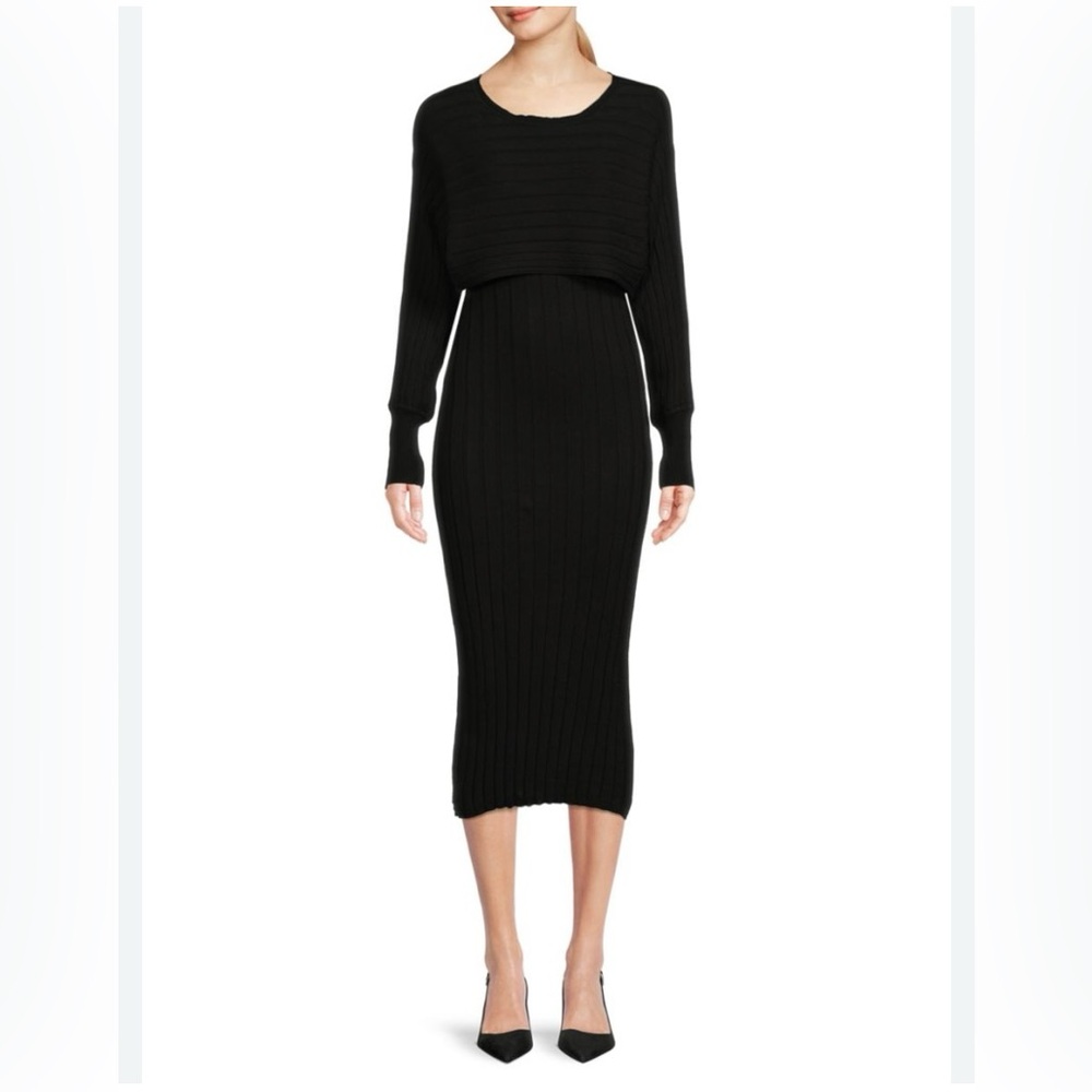 NWT Stitchdrop Black Ribbed Long Sleeve Midi Dress Size 1X Chic Minimalist